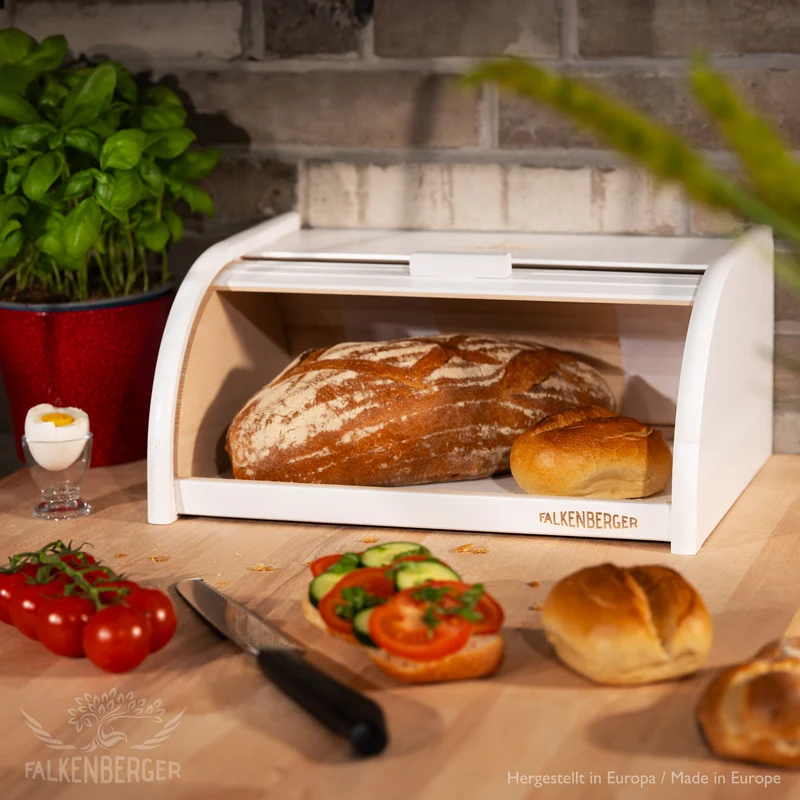 FALKENBERGER Brotkasten aus Holz Buche Weiß ca. 39x29x18cm Brotbox mit Roll-Deckel Rollbrotkasten Handmade