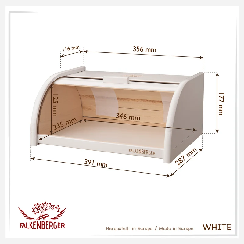 FALKENBERGER Brotkasten aus Holz Buche Weiß ca. 39x29x18cm Brotbox mit Roll-Deckel Rollbrotkasten Handmade