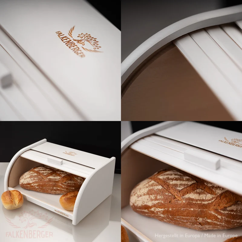 FALKENBERGER Brotkasten aus Holz Buche Weiß ca. 39x29x18cm Brotbox mit Roll-Deckel Rollbrotkasten Handmade