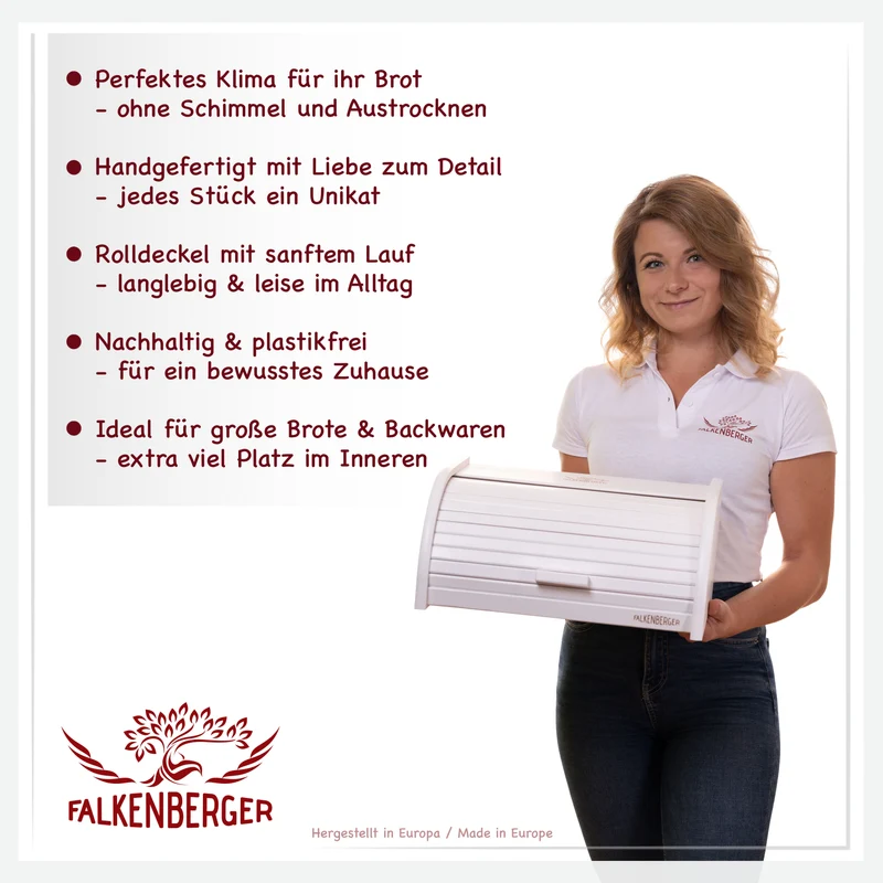 FALKENBERGER Brotkasten aus Holz Buche Weiß ca. 39x29x18cm Brotbox mit Roll-Deckel Rollbrotkasten Handmade