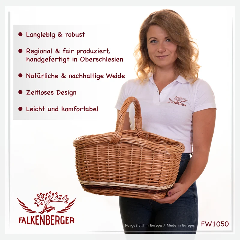 FALKENBERGER Weidenkorb 42x30x24cm "Ida" Flechtkorb mit Henkel Handarbeit Einkaufskorb aus Weide Pilzkorb Marktkorb