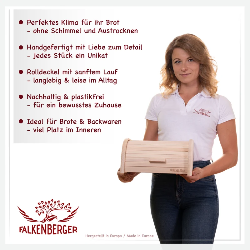 FALKENBERGER Brotkasten aus Holz ca. 31x25x16cm M Brotbox mit Roll-Deckel Rollbrotkasten Handmade