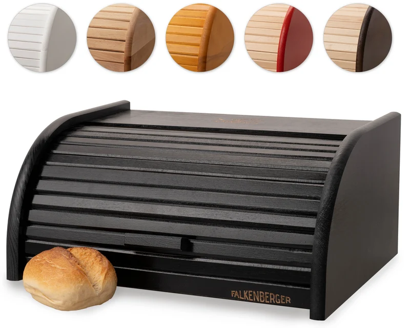 FALKENBERGER Brotkasten aus Holz Schwarz ca. 39x29x18cm Brotbox mit Roll-Deckel Rollbrotkasten Handmade