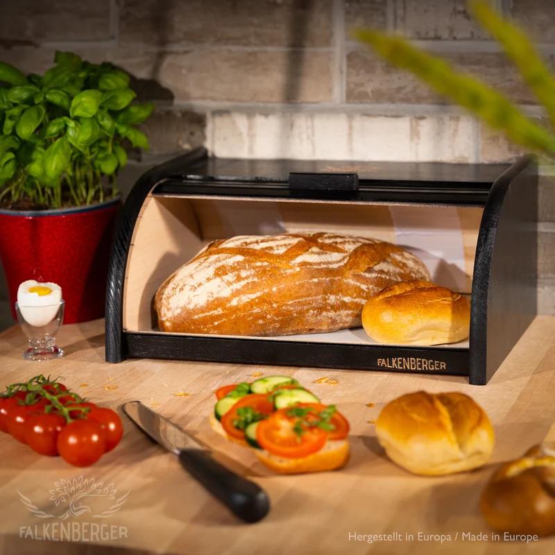 FALKENBERGER Brotkasten aus Holz Schwarz ca. 39x29x18cm Brotbox mit Roll-Deckel Rollbrotkasten Handmade