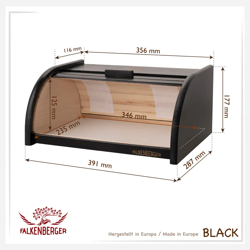 FALKENBERGER Brotkasten aus Holz Schwarz ca. 39x29x18cm Brotbox mit Roll-Deckel Rollbrotkasten Handmade