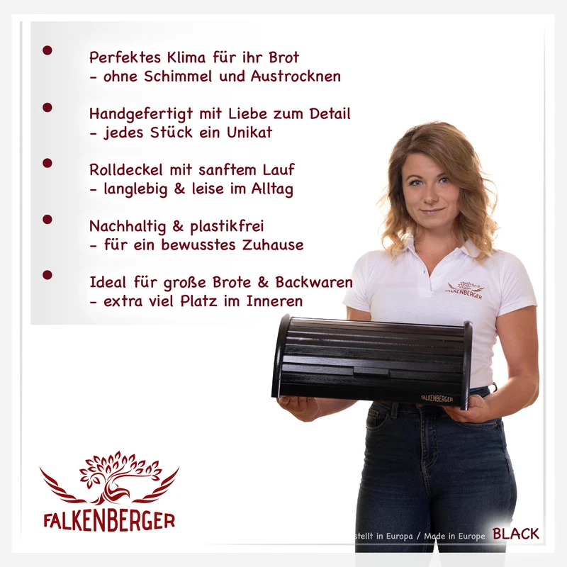 FALKENBERGER Brotkasten aus Holz Schwarz ca. 39x29x18cm Brotbox mit Roll-Deckel Rollbrotkasten Handmade