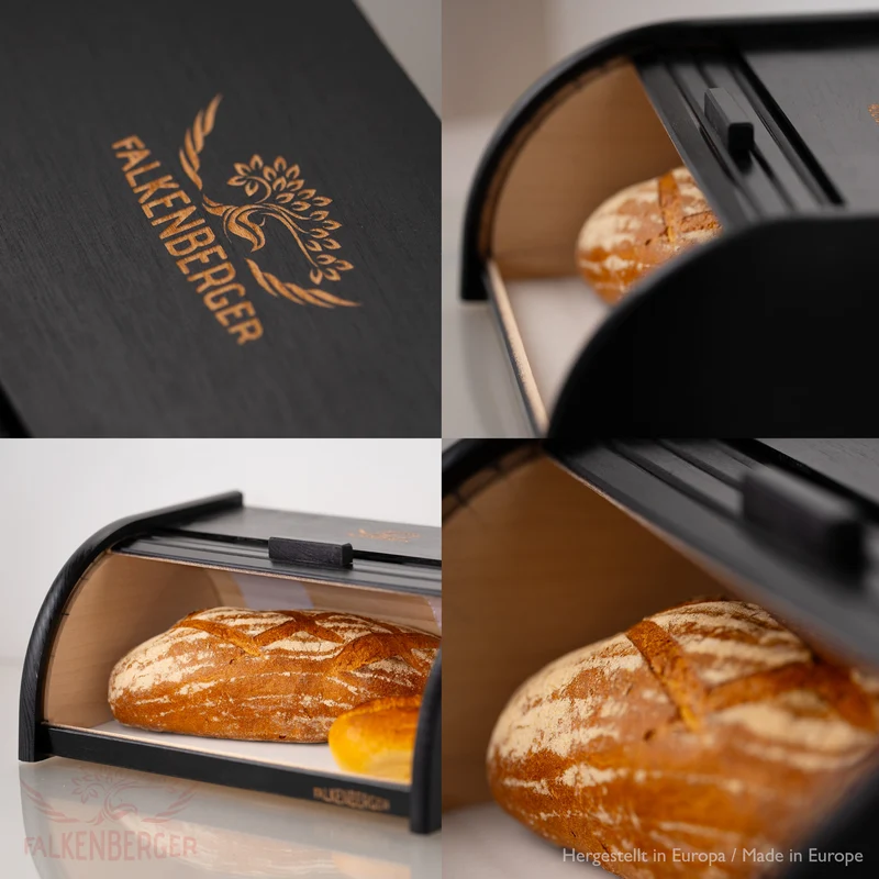 FALKENBERGER Brotkasten aus Holz Schwarz ca. 39x29x18cm Brotbox mit Roll-Deckel Rollbrotkasten Handmade
