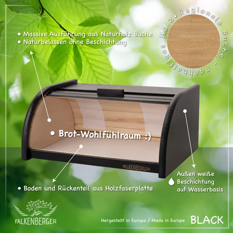 FALKENBERGER Brotkasten aus Holz Schwarz ca. 39x29x18cm Brotbox mit Roll-Deckel Rollbrotkasten Handmade