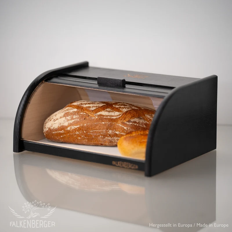 FALKENBERGER Brotkasten aus Holz Schwarz ca. 39x29x18cm Brotbox mit Roll-Deckel Rollbrotkasten Handmade