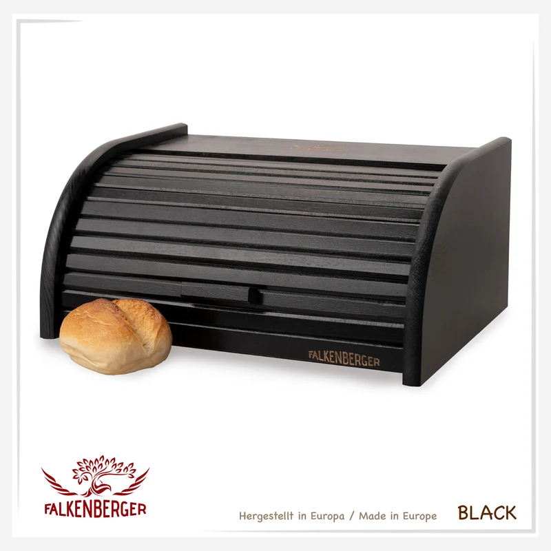 FALKENBERGER Brotkasten aus Holz Schwarz ca. 39x29x18cm Brotbox mit Roll-Deckel Rollbrotkasten Handmade