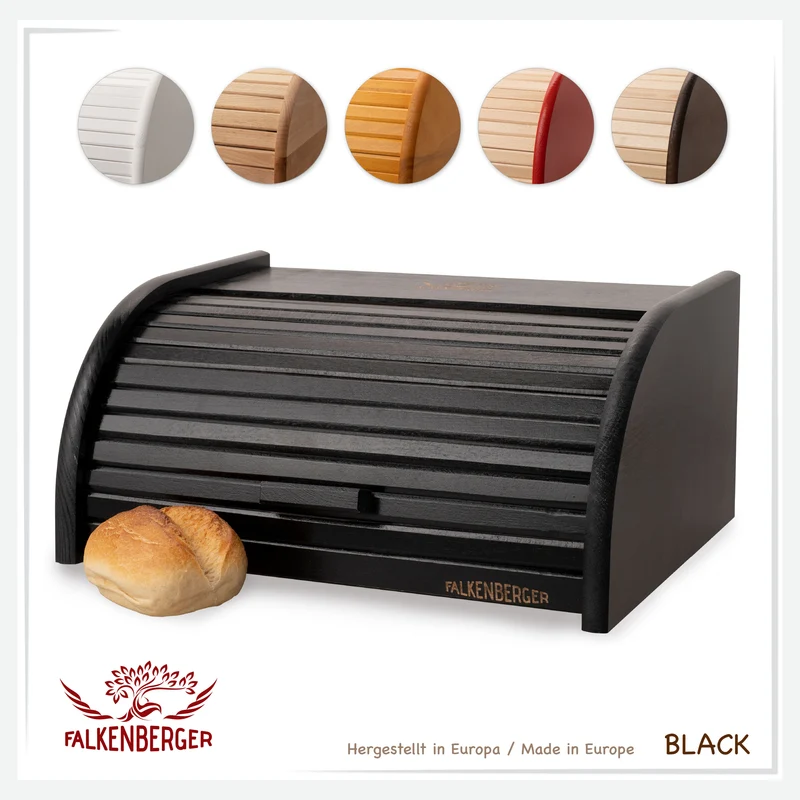 FALKENBERGER Brotkasten aus Holz Schwarz ca. 39x29x18cm Brotbox mit Roll-Deckel Rollbrotkasten Handmade