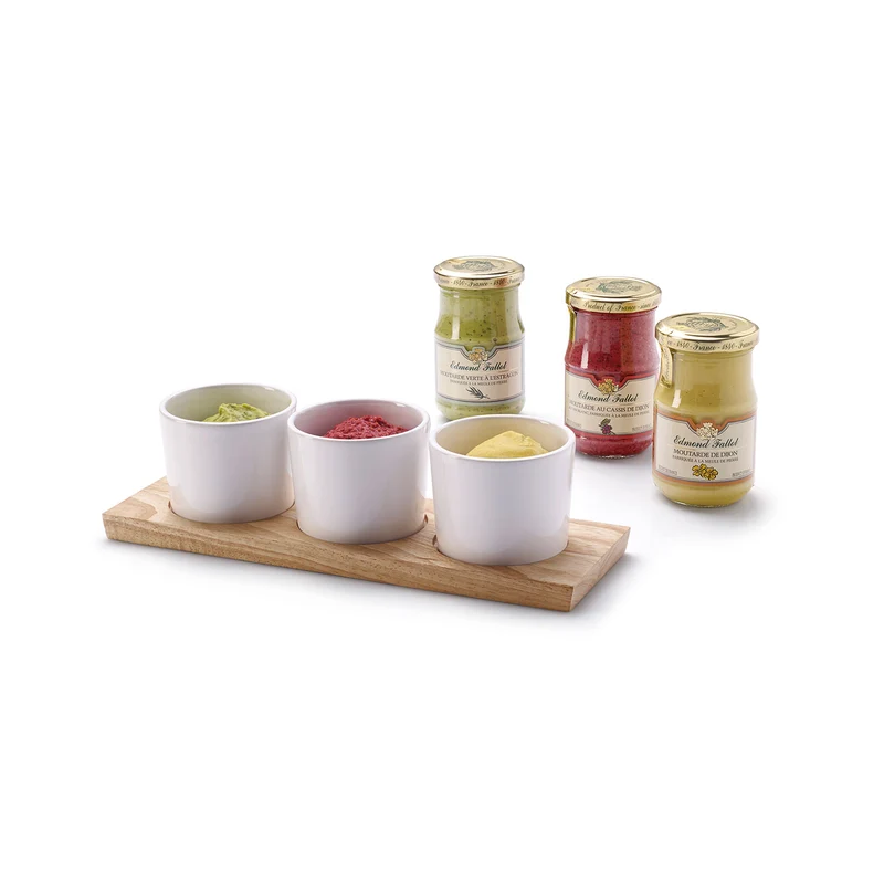 Tablett aus Gummibaumholz mit 3 Dipschalen