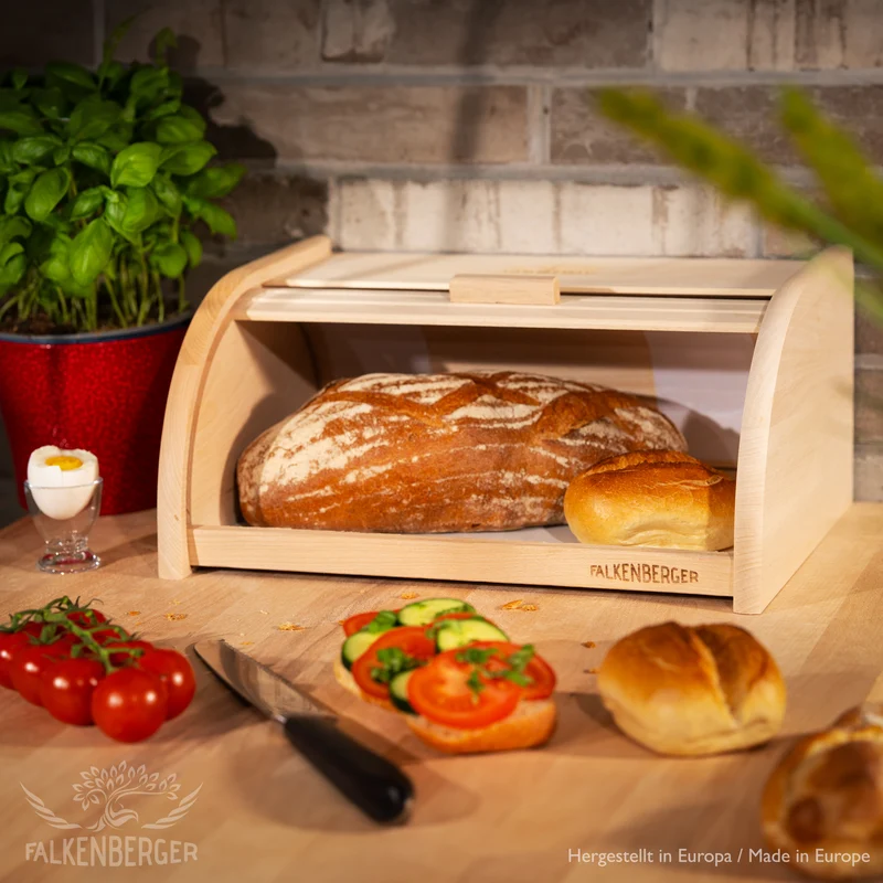 FALKENBERGER Brotkasten aus Holz ca. 39x28x18cm XL Brotbox mit Roll-Deckel Rollbrotkasten Handmade