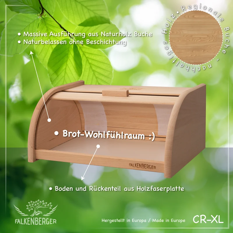 FALKENBERGER Brotkasten aus Holz ca. 39x28x18cm XL Brotbox mit Roll-Deckel Rollbrotkasten Handmade