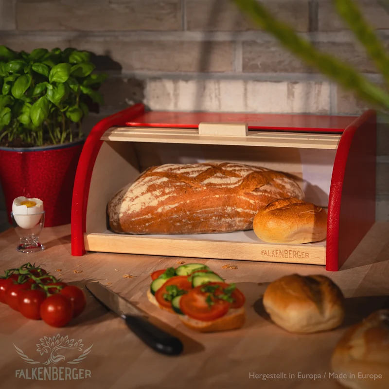 FALKENBERGER Brotkasten aus Holz Rot ca. 39x29x18cm Brotbox mit Roll-Deckel Rollbrotkasten Handmade