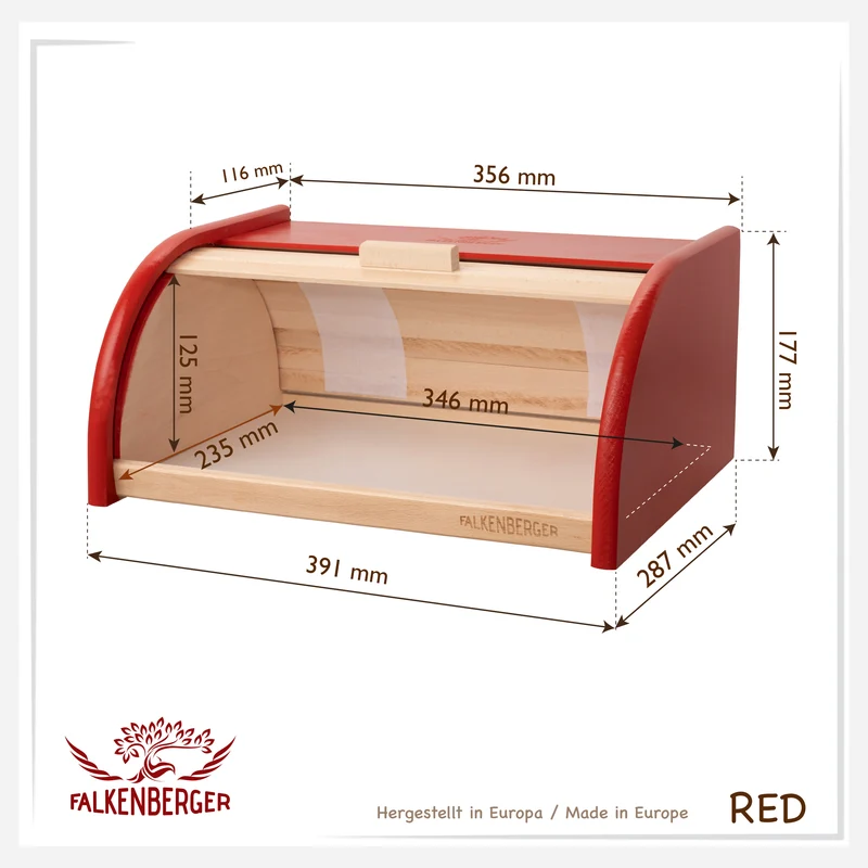 FALKENBERGER Brotkasten aus Holz Rot ca. 39x29x18cm Brotbox mit Roll-Deckel Rollbrotkasten Handmade
