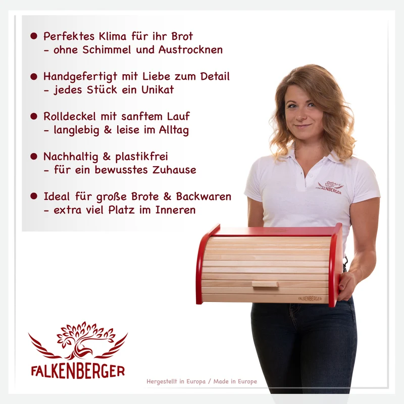 FALKENBERGER Brotkasten aus Holz Rot ca. 39x29x18cm Brotbox mit Roll-Deckel Rollbrotkasten Handmade
