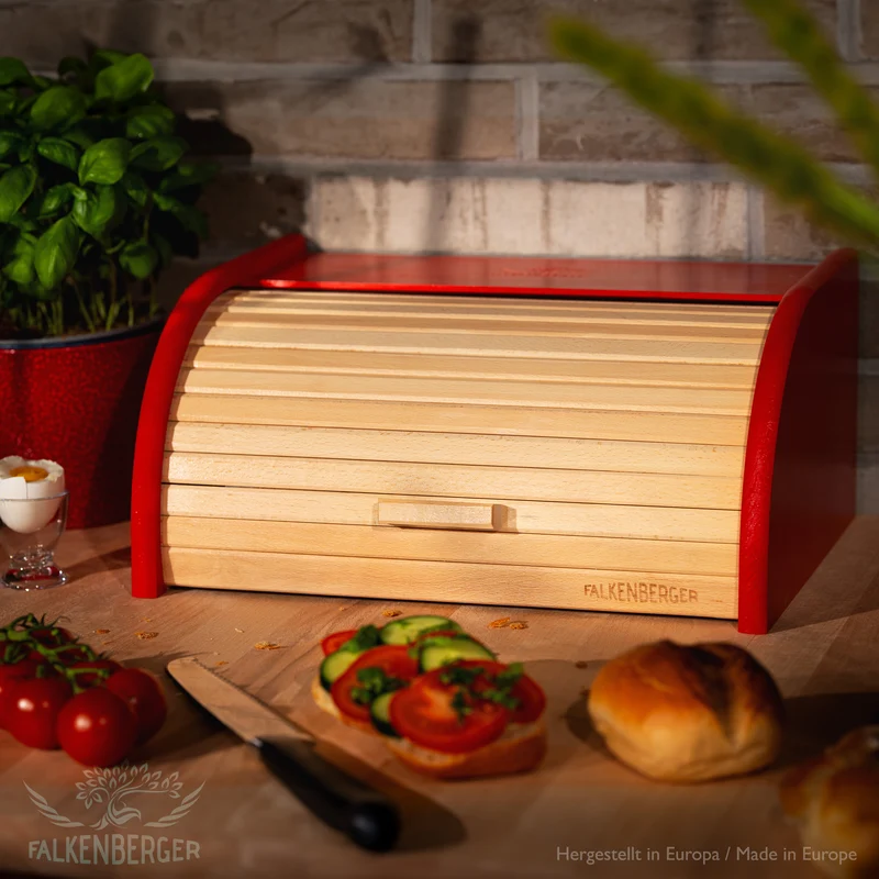 FALKENBERGER Brotkasten aus Holz Rot ca. 39x29x18cm Brotbox mit Roll-Deckel Rollbrotkasten Handmade