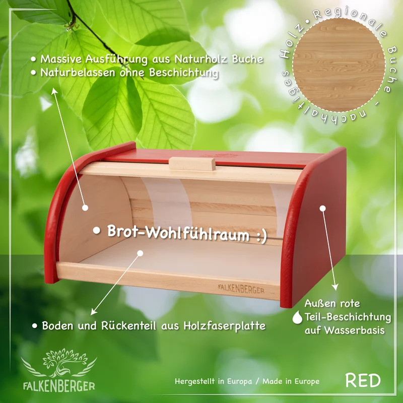 FALKENBERGER Brotkasten aus Holz Rot ca. 39x29x18cm Brotbox mit Roll-Deckel Rollbrotkasten Handmade