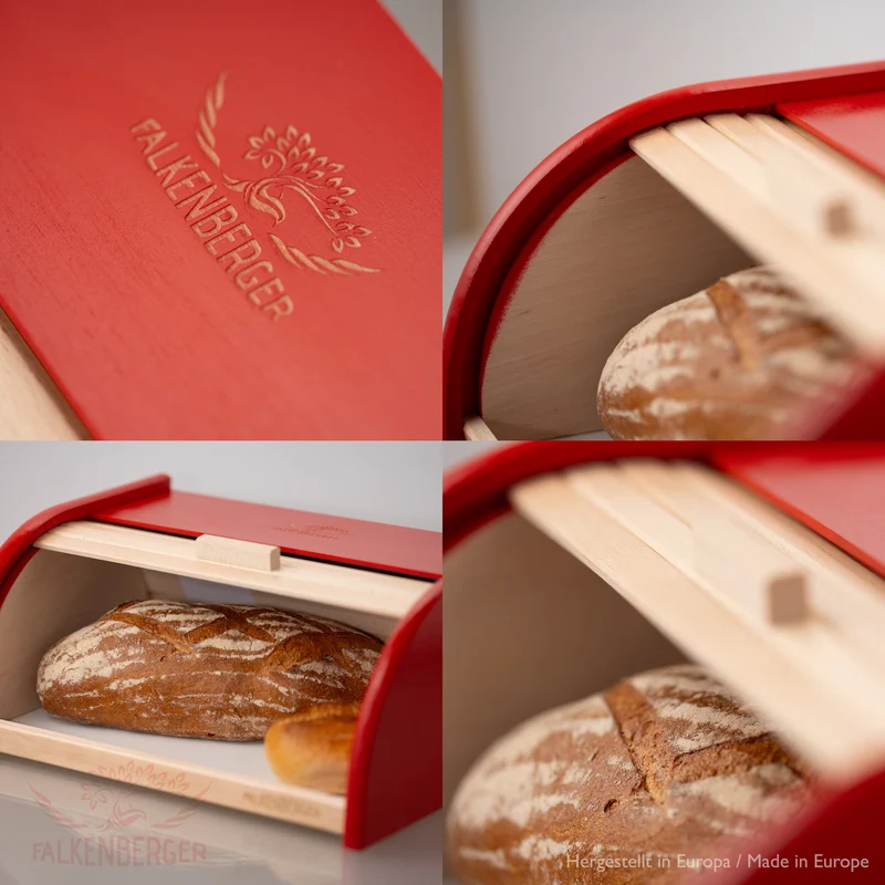 FALKENBERGER Brotkasten aus Holz Rot ca. 39x29x18cm Brotbox mit Roll-Deckel Rollbrotkasten Handmade