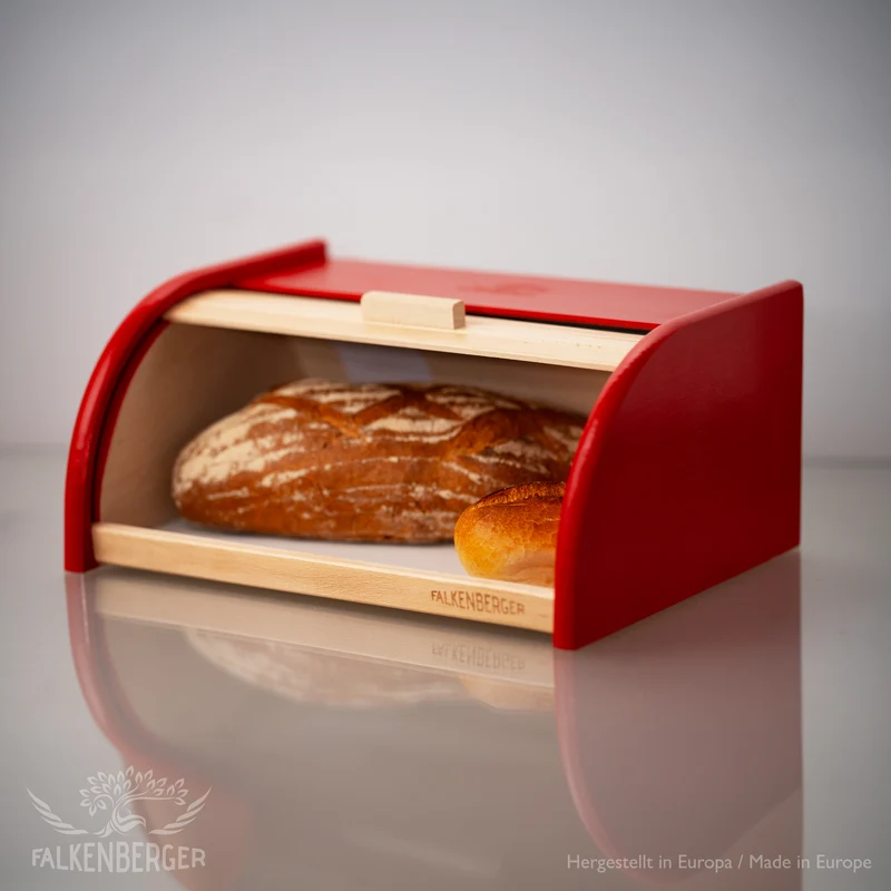 FALKENBERGER Brotkasten aus Holz Rot ca. 39x29x18cm Brotbox mit Roll-Deckel Rollbrotkasten Handmade