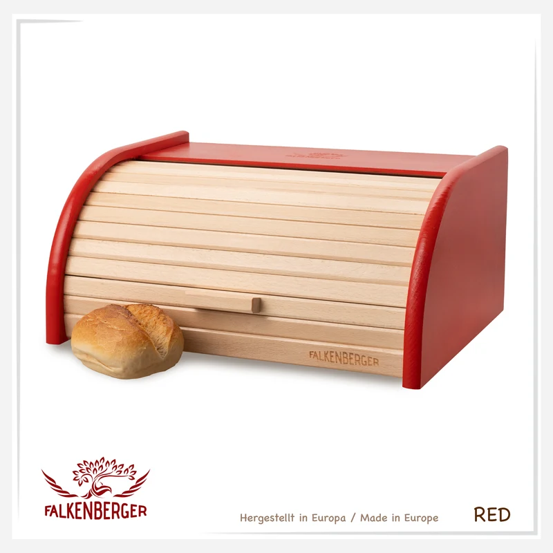 FALKENBERGER Brotkasten aus Holz Rot ca. 39x29x18cm Brotbox mit Roll-Deckel Rollbrotkasten Handmade