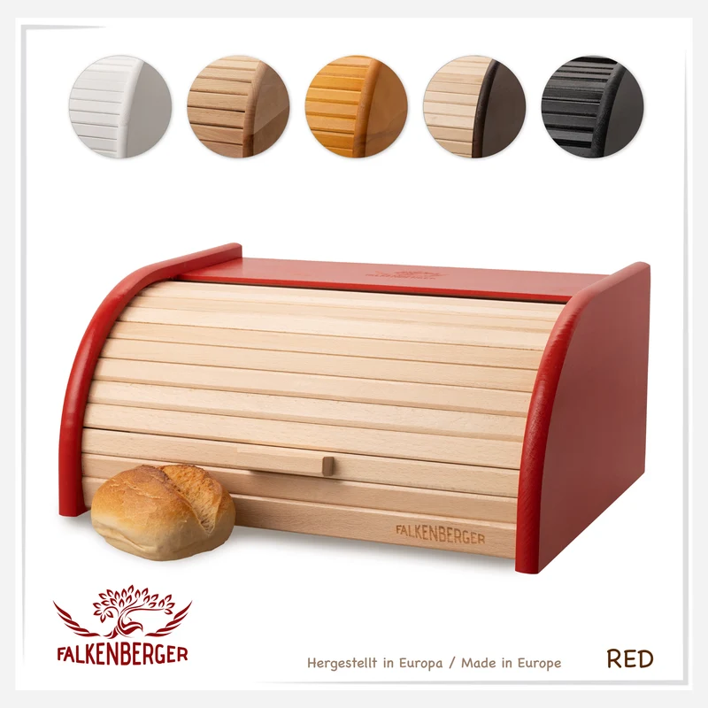 FALKENBERGER Brotkasten aus Holz Rot ca. 39x29x18cm Brotbox mit Roll-Deckel Rollbrotkasten Handmade