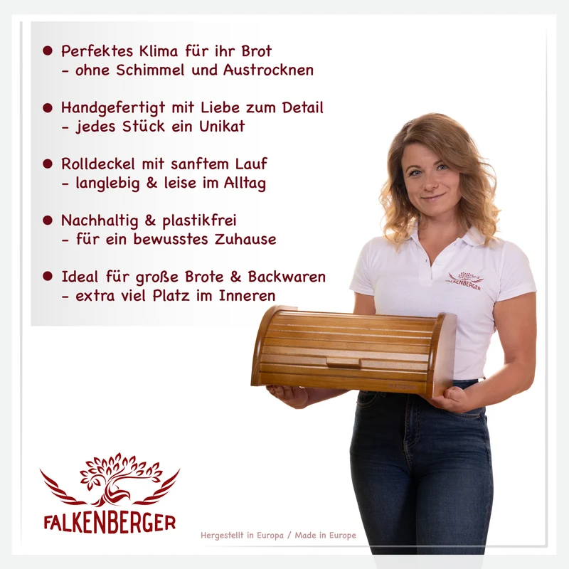 FALKENBERGER Brotkasten aus Holz ca. 39x29x18cm Brotbox mit Roll-Deckel Rollbrotkasten Handmade