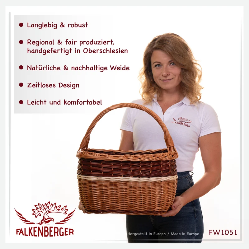 FALKENBERGER Weidenkorb "Amber" 39x25x24cm Handarbeit Flechtkorb mit Henkel Einkaufskorb aus Weide Pilzkorb Marktkorb