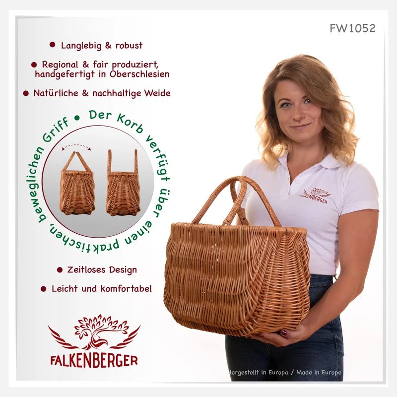 FALKENBERGER Korbtasche "Clara" 41x20x27cm Handarbeit Weidentasche mit Griffen Tragekorb aus Weide Shopper