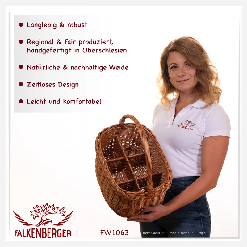 FALKENBERGER Flaschenkorb ca. 36x25x36cm Weidenkorb Handarbeit Flaschenträger Einkaufskorb aus Weide Flechtkorb mit Henkel