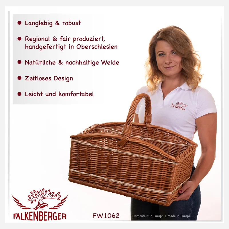 FALKENBERGER Großer Weidenkorb 49x29x28cm "Amalfi" Kaminholzkorb Einkaufskorb aus Weide Marktkorb mit Henkel Handarbeit