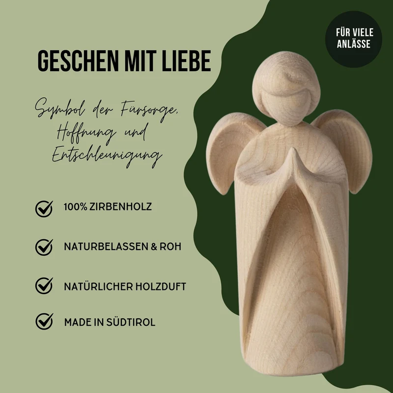 Klassischer Schutzengel aus Zirbenholz | 9 cm | Geschenk zur Taufe oder zu Weihnachten | Handwerk aus Südtirol
