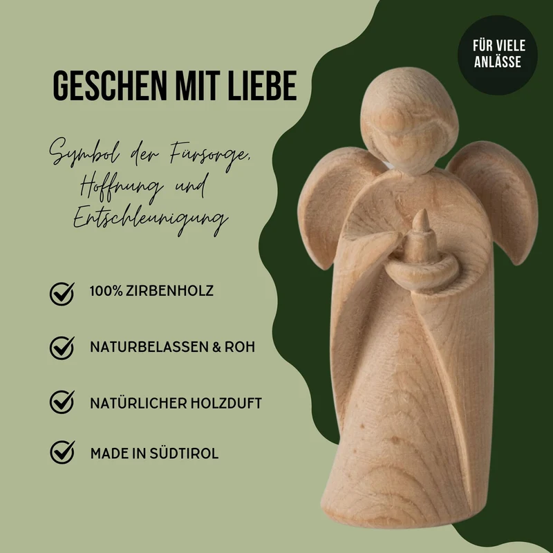 Klassischer Schutzengel aus Zirbenholz | 9 cm | Geschenk zur Taufe oder zu Weihnachten | Handwerk aus Südtirol