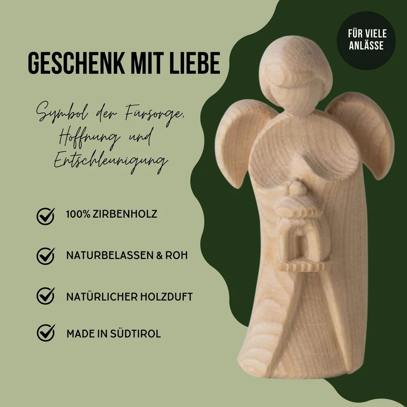 Klassischer Schutzengel aus Zirbenholz | 9 cm | Geschenk zur Taufe oder zu Weihnachten | Handwerk aus Südtirol