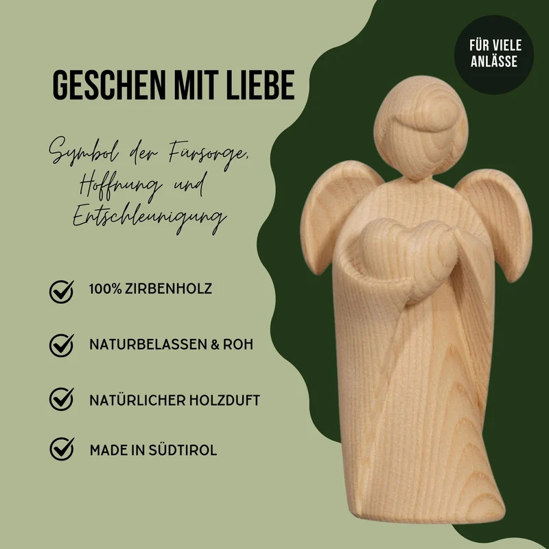 Klassischer Schutzengel aus Zirbenholz | 9 cm | Geschenk zur Taufe oder zu Weihnachten | Handwerk aus Südtirol