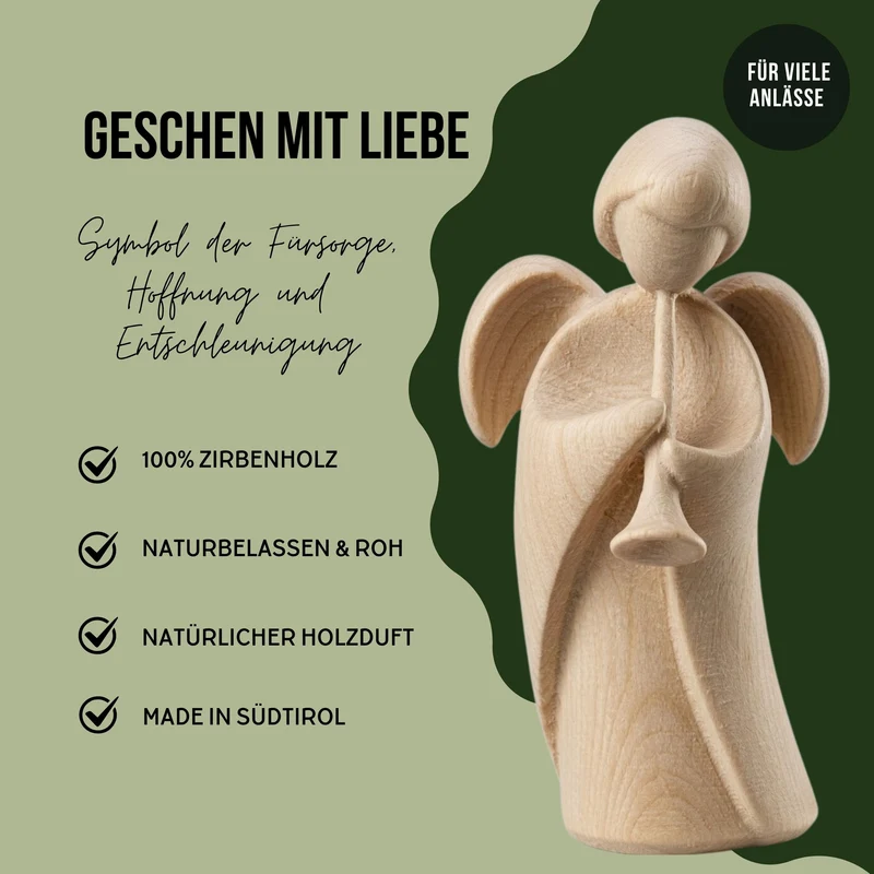 Klassischer Schutzengel aus Zirbenholz | 9 cm | Geschenk zur Taufe oder zu Weihnachten | Handwerk aus Südtirol