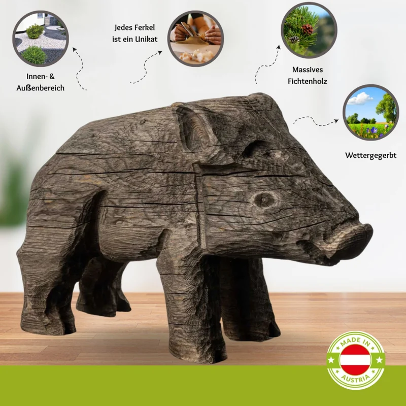 Ferkel aus Fichtenholz | wettergegerbt | H 27,5 x B 15 cm | Made in Austria