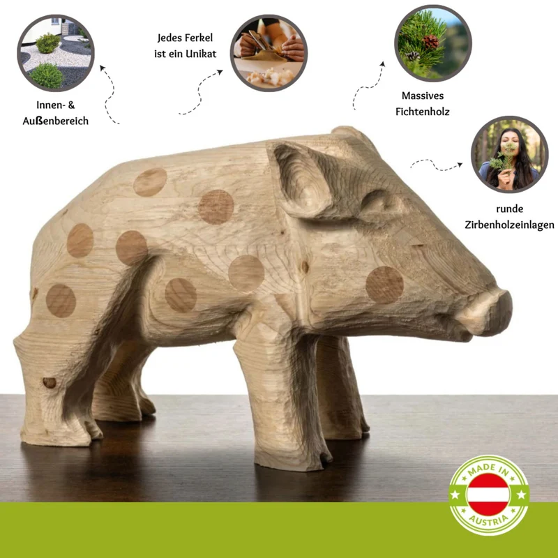 Ferkel aus Fichtenholz | mit runden Zirbeneinlagen | H 27,5 x B 15 cm | Made in Austria