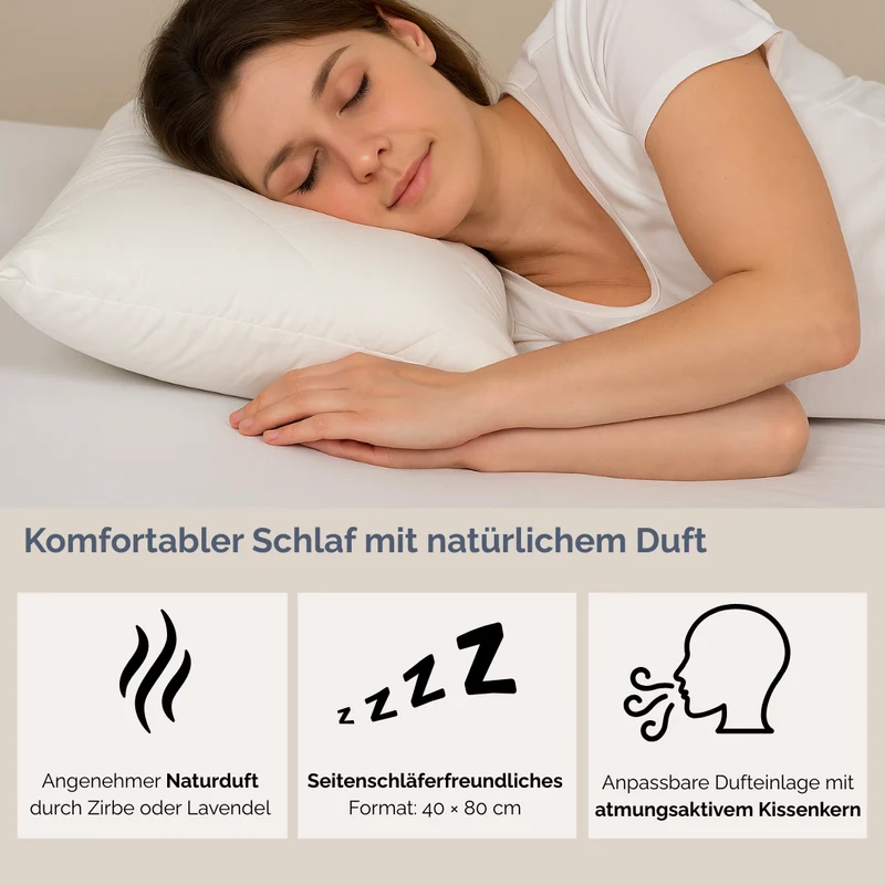 Physionight Duftschlafkissen '2in1' mit natürlicher Dufteinlage Zirbe und Schurwolle | 40 x 80 cm | Baumwollüberzug |Weitere Dufteinlagen optional | waschbar