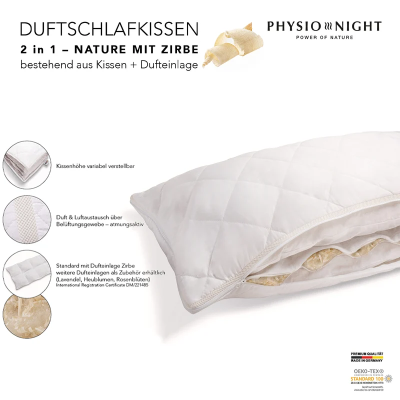 Physionight Duftschlafkissen '2in1' mit natürlicher Dufteinlage Zirbe und Schurwolle | 40 x 80 cm | Baumwollüberzug |Weitere Dufteinlagen optional | waschbar