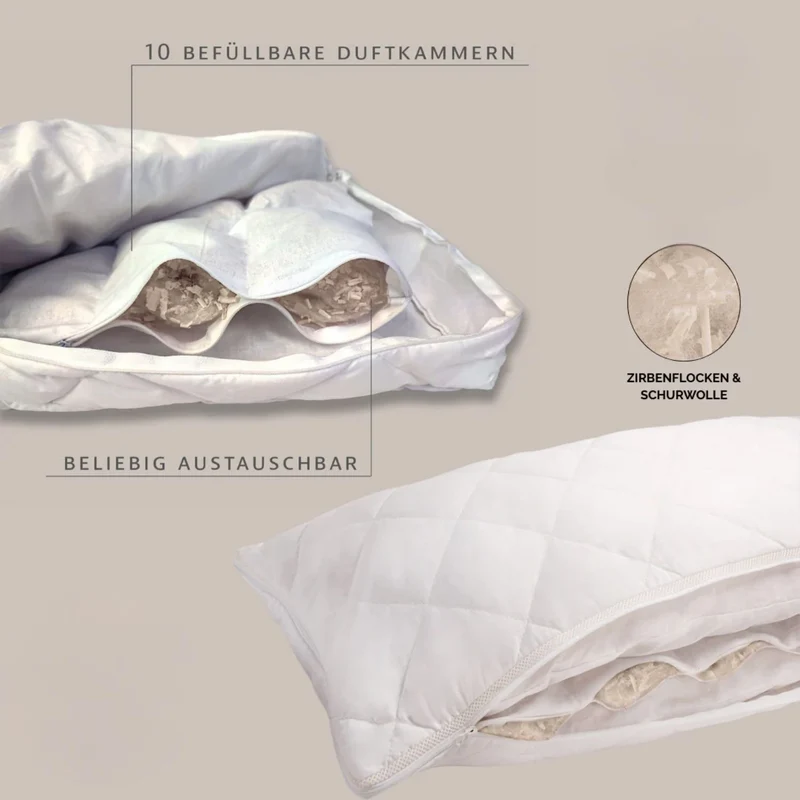 Physionight Duftschlafkissen '2in1' mit natürlicher Dufteinlage Zirbe und Schurwolle | 40 x 80 cm | Baumwollüberzug |Weitere Dufteinlagen optional | waschbar