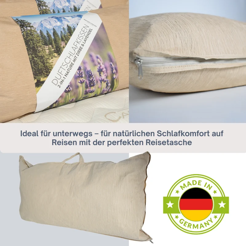 Physionight Duftschlafkissen '2in1' mit natürlicher Dufteinlage Zirbe und Schurwolle | 40 x 80 cm | Baumwollüberzug |Weitere Dufteinlagen optional | waschbar