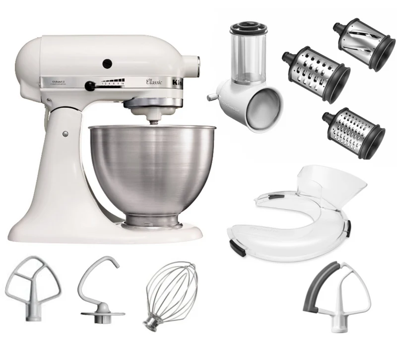 KitchenAid 4,3 L 5K45SS Classic Küchenmaschine Set 3 Gemüseschneider+Spritzschutz+Flexirührer