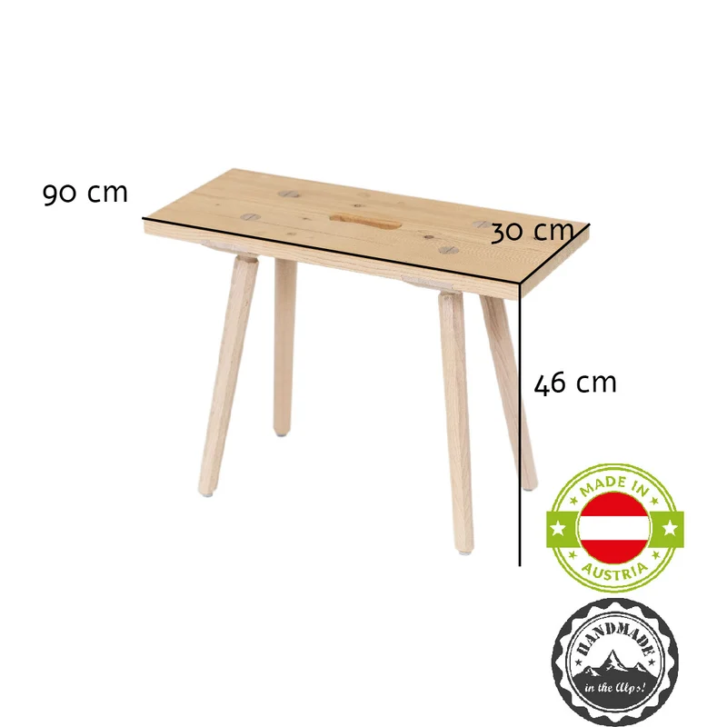 Sitzbank 'Urbank' | Griffloch | massive Zirbe | B 90/100/120 x T 30 x H 46 cm | mit Stuhlbeinen | Made in Austria