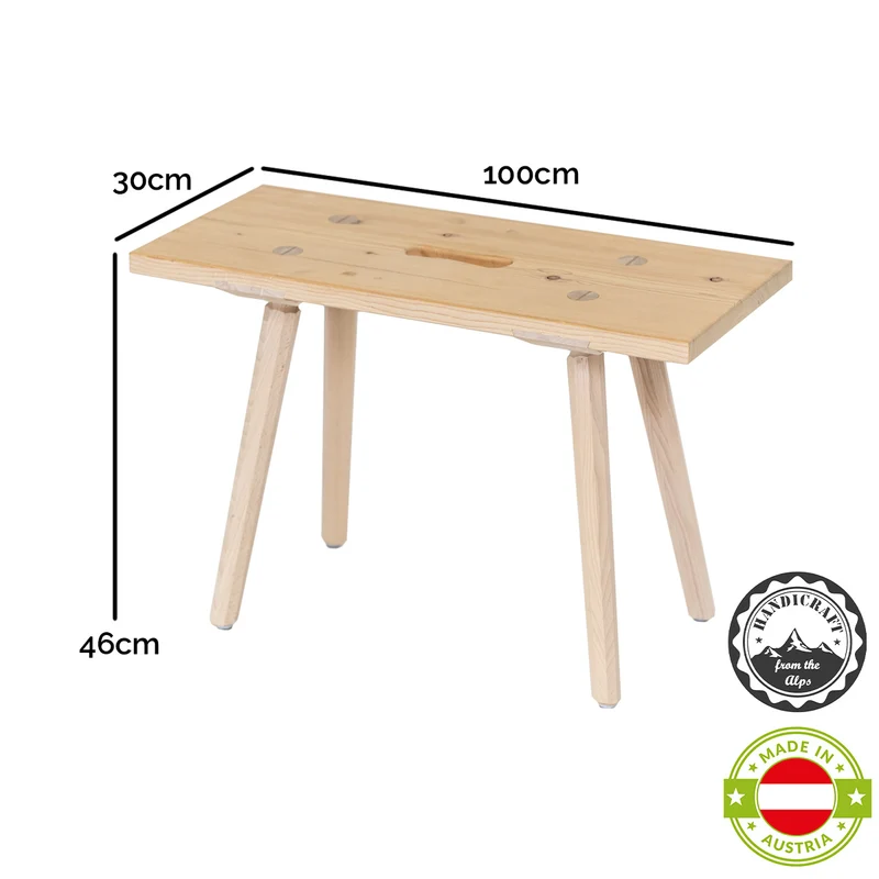 Sitzbank 'Urbank' | Griffloch | massive Zirbe | B 90/100/120 x T 30 x H 46 cm | mit Stuhlbeinen | Made in Austria