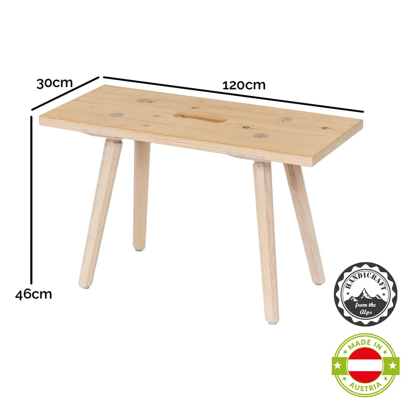 Sitzbank 'Urbank' | Griffloch | massive Zirbe | B 90/100/120 x T 30 x H 46 cm | mit Stuhlbeinen | Made in Austria