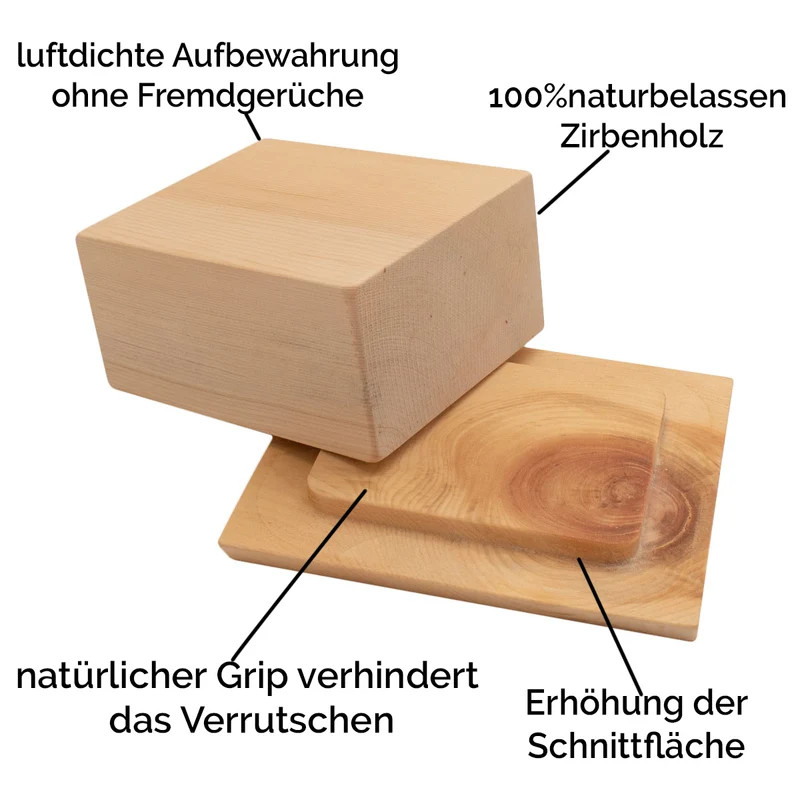 Butterdose ‘Klein-und-Fein’ aus 100% unbehandeltem Zirbenholz | für 125 g Butterwürfel | 2-teilig | umweltfreundlich und robust | Made in Europe