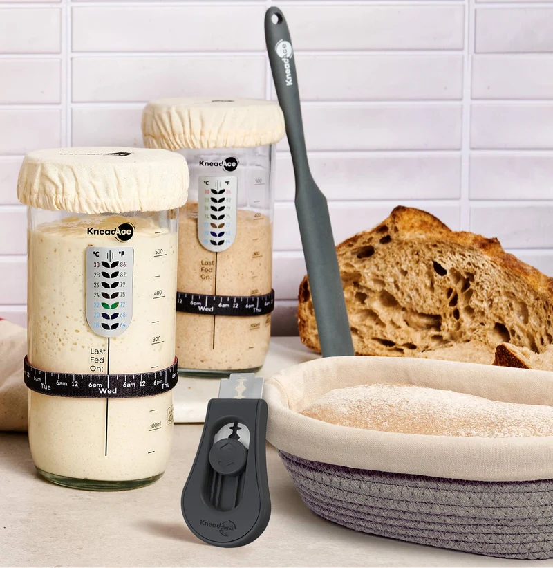 Starter Back-Set: 1x 680g Glas für Sauerteig & 2x ovale Gärkörbe aus Baumwolle & 1x Bäckermesser