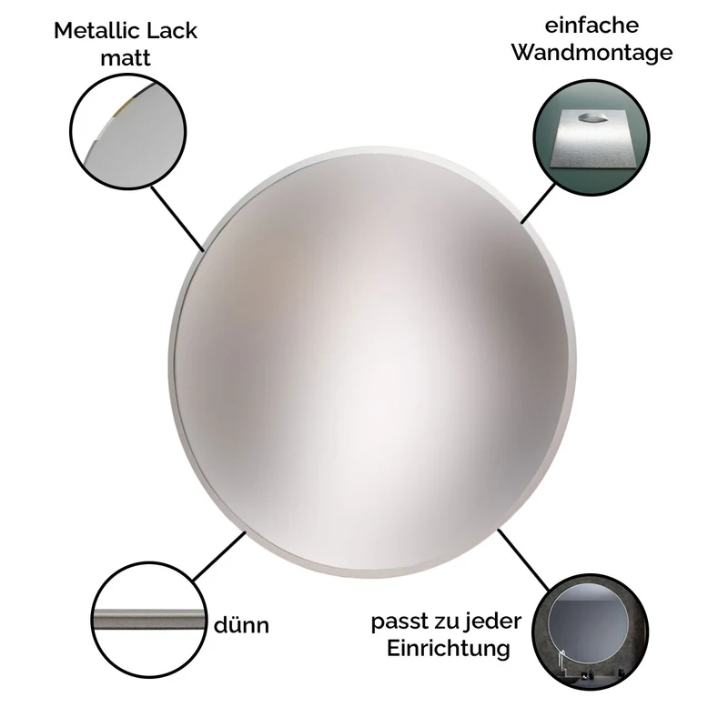 Spiegel rund 'Matteo' | Durchmesser 50, 60, 70 oder 80 cm | in Gold, Silber, Schwarz oder Weiß | Manufactured in Europe